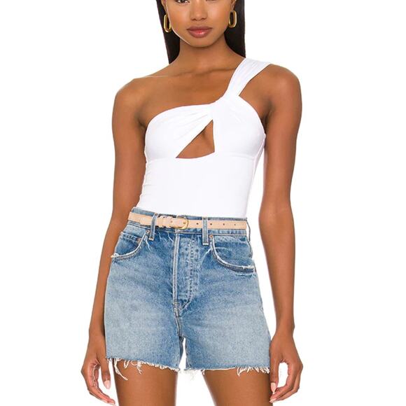 Superdown White One Shoulder Bodysuit Top SMALL Cut Out Revolve Jimena $58 NEW - Picture 1 of 9